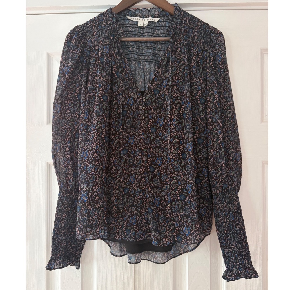 Veronica Beard Floral Smocked Neck Blouse Navy Blue Chiffon Top 4